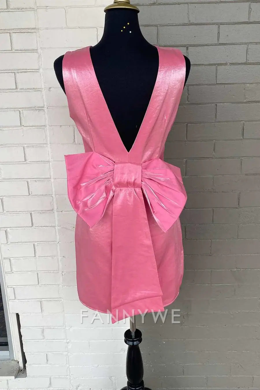 FannyWe Elegant Pink Crew Neck Bow-Back Short Party Dress formal wear dresses